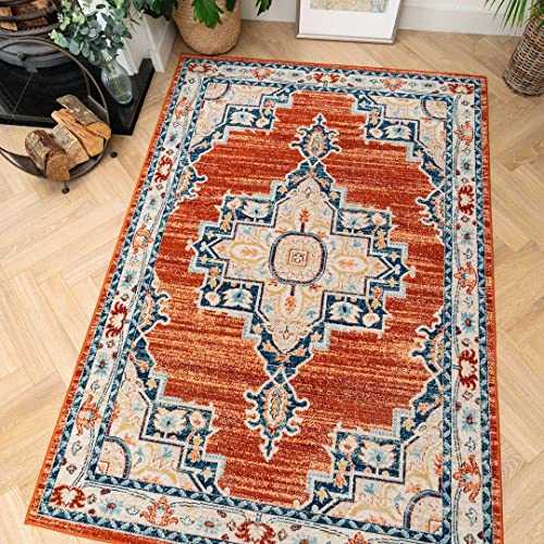 Classic Traditional Persian Style Living Room Area Rug Floral Medallion Border Orange Navy Bedroom Carpet Stain Resistant Oriental Kitchen Dining Room Rugs 120cm x 170cm