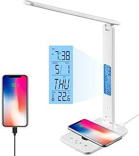 XIMI-V LED Desk Lamp with Wireless Charger, Table Lamp with Clock, Alarm, Date, Temperature, Office Lamp, Desk Lamps for Home Office (White)