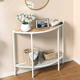 SAYGOER Half Moon Console Table with Storage Narrow Entryway Table with Metal Shelves Sofa Couch Table Rustic Small Entry Way Tables for Living Room Hallway Office Easy Assembly, OAK White