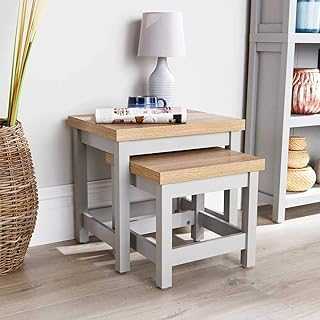Home Source Oak Top Coffee Nest of 2 Occasional Side End Tables Stackable Avon, Grey