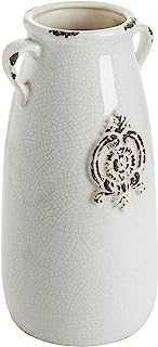 MyGift Farmhouse White Ceramic Vase with Handle, Antique Jug Style Flower Vase