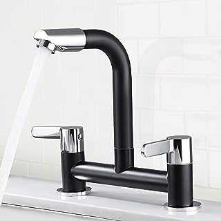 SchSin Black Kitchen Mixer Tap Dual Lever with 360° Aerator, Swivel Kitchen Bridge Taps 2 Hole Sink Monobloc Faucet, 180mm Centres Deck Mounted with G1/2 Hose UK Standard Fittings (Black)