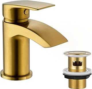 Mighbow Basin Mixer Taps Brushed Gold with Slotted Pop-up Waste Bathroom Sink Tap Waterfall Brass Monobloc Mono Cloakroom Taps with Hoses Single Lever 1 Hole