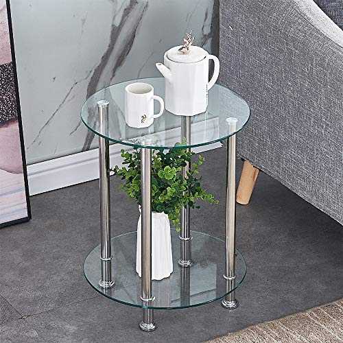 Round Glass End Table Sofa Side Table, 2-Tier Small Coffee Table for Limited Space, 40cm Modern Corner Table with Chrome Legs for Living Room Reception Room Meeting Room Home Office, Clear