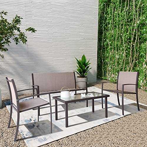 Garden Furniture Set, Indoor Outdoor 4 Piece set Patio Furniture Sofa Set, Garden Table and Chair 4 seater, 2 ArmChairs + 1 Double Chair Sofa + Glass Coffee Table Suitable for Patio Backyard Poolside