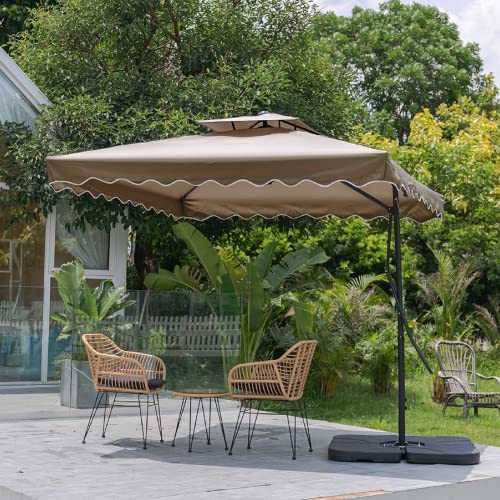 The Fellie Garden Umbrella 2.5M Double Top Garden Parasol with Ventilation Port and Crossing Base & 4-Piece Banana Parasol Base for Patio Lawn Outdoor(15L, Khaki)