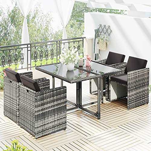 MOWIN 5 Pieces Rattan Garden Furniture Set Outdoor Conservatory Patio Dining Set Dining Table and Chairs Set A Rectangular Glass Top Dining Table 4 Weatherproof Wicker Rattan Chairs