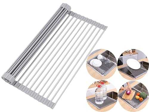 SCOLEA Roll Up Dish Drying Rack Over The Sink, X-Large 17.5”x16.9” Extra Width & Heavy Duty, Multipurpose Roll-Up Foldable Silicone Coated Collapsible Drainer(Warm Gray, X-Large 17.5”x 16.9”)