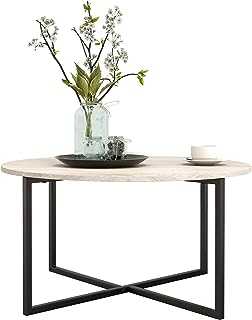 HOJINLINERO Round Coffee Table,Industrial Style Cocktail Table,Durable Metal Frame with Wood Look Accent Furniture,Easy To Assemble,for Living Room, Bedroom,Teak OAK and Black