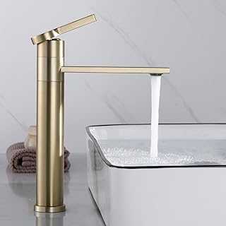 SHANFO Tall Bathroom Tap, 360° Swivel Spout Countertop Basin Tap, High Rise Basin Mixer Tap, Single Lever Tall Tap, Brushed Gold,1M4OK-T