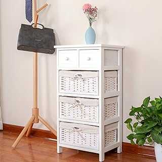 Ruication Bedside Table Bathroom Cabinet with 3 Drawers Wicker Baskets 2 Small Drawers Storage Unit Chest of Drawers Fully Assembled for Living Room Bedroom Bathroom Hallway (White)