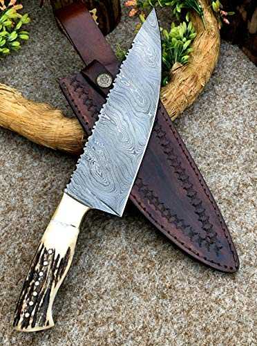 Z.S Traders Handmade Twisted Pattern Damascus Steel Chef knife With Stag Horn,Brass Handle and Pure Leather Sheath