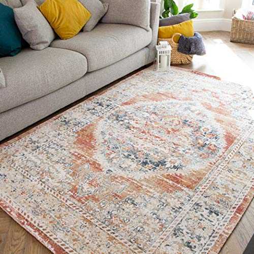 Terracotta Navy Classic Tradition Distressed Rug Vintage Floral Medallion Low Short Flat Woven Pile Easy Cleaned Living Room Area Bedroom Hallway Rugs 120cm x 170cm