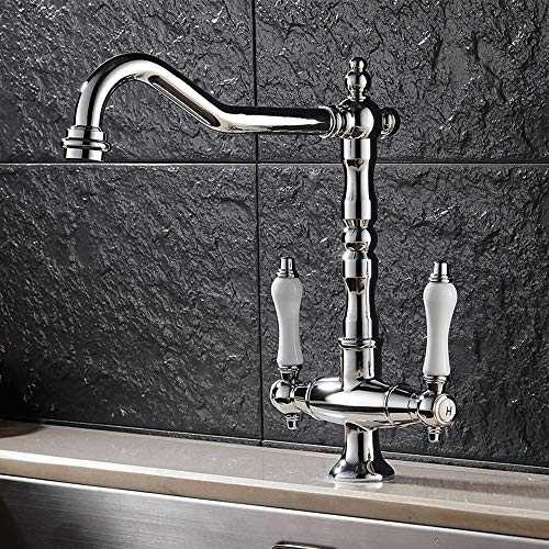 Heable Kitchen Mixer Tap with Swivel spout Chrome Cold and hot Water Dual Lever tap Brass Basin Double Handle Faucet with UK Standard Fittings (Chrome)(Antique)(Black) (Electroplate)