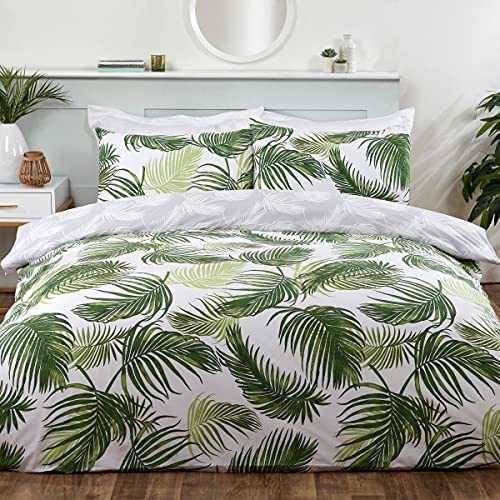 Sleepdown Tropical Palm Leaves Floral Green White Grey Reversible Soft Easy Care Duvet Cover Quilt Bedding Set with Pillowcases - Double (200cm x 200cm)