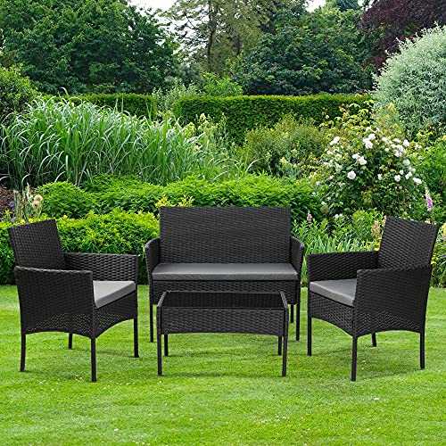 Olsen & Smith Livorno 4 Piece Rattan Effect Outdoor Garden Patio Furniture Set - Love Seat Sofa + 2 Chairs + Table Black Anthracite