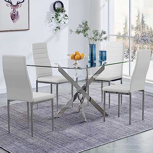 GOLDFAN Glass Dining Table and Chairs Set of 4 Modern Rectangle Dining Kitchen Table and White Faux PU Leather Chairs for Dining Room Office Lounge