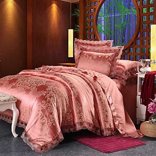 QINGGANGLING999 Throw Bedding Set Luxury Satin Cotton Lace Bedding Sets Double Queen King Size Bedding Duvet Cover Bed Sheet Set Pillowcases Bedding Linen Set (Color : 04, Size : Queen 4pcs)