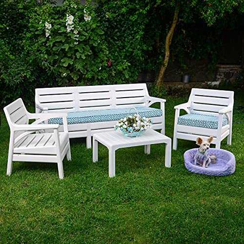 Garden Furniture Sofa Set 5 Seaters Patio Conservatory Indoor Outdoor 4 Piece Set made from durable Polypropylene Plastic come with Cushions (4 Piece Set, White)
