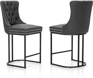 ALPHA HOME Bar Stools Set of 2 PU Leather Kitchen Breakfast Bar stool Padded Bar Chairs with High Button Backrest & Stud Trim Counter Dining Stools with Metal Legs, Black