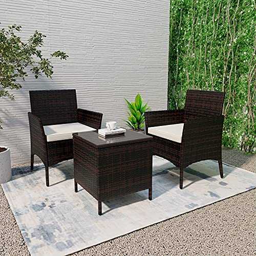 3 PCS Rattan Wicker Furniture Set 2 Seater,PE Rattan Garden Patio Rattan Furniture Bistro Set, Outdoor Seating Garden Chairs Set Of 2 with Coffee Table for Garden Patio Bistro Porch Balcony (Brown)