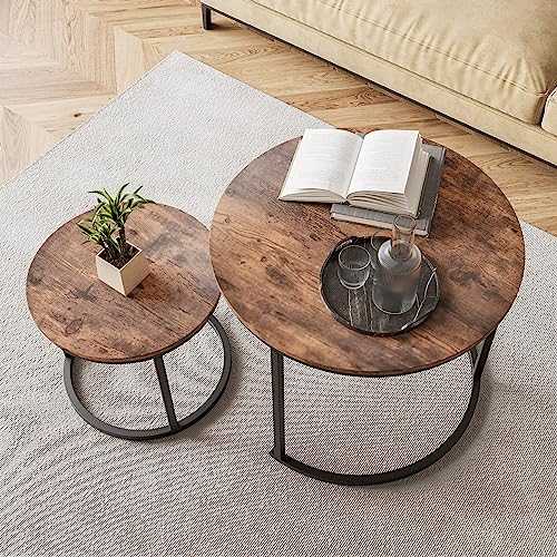 HOJINLINERO Small Coffee Table Living Room, Black Round Coffee Table Nesting Table Set of 2,Metal Frame with Wood Sofa Table,Sturdy and Easy Assembly,Stacking Side Table for Bedroom,Office,Balcony