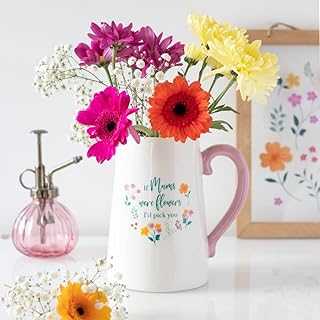 SJ TRADERS Flower Vase Jug, If Mums Were Flowers Pitcher Vase Jug, Artificial Decorative Vases for Roses, Birthday Presents for Home & Living Room Decor (Pink Handle Vase)