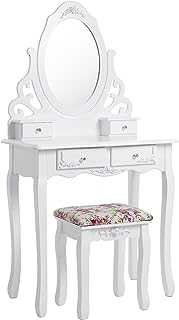 SONGMICS Princess Dressing Table Stool Set and 360 Degree Swiveling Mirror Makeup Desk 4 Drawers Vanity Furniture Easy to Assemble Bedroom White RDT04W