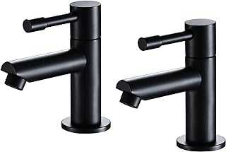Wasserrhythm Basin Pillar Taps Pair Black Twin Bathroom Sink Mixer Taps Monobloc Matte Black Brass Cloakroom Faucets Traditional Mono 2PCs Hot and Cold Water 1/4 Turn Lever