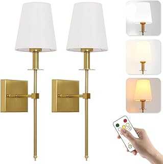 Battery Operated Wall Lights Set of 2, USB Rechargeable Wall Light with Remote & Dimmable Battery Light Bulb, Non Hardwired Lighting, Wall Lamp for Living Room Bedroom Bedside Reading Light, Gold