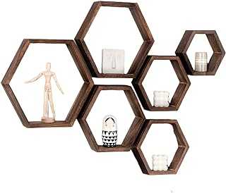 WONFUlity Hexagon Floating Shelves Wall Mounted Wood Farmhouse Storage Honeycomb Wall Shelf Set of 5, Hexagonal Wall Shelves for Bedroom, Living Room, Office, Walnut,Screws Anchors Included