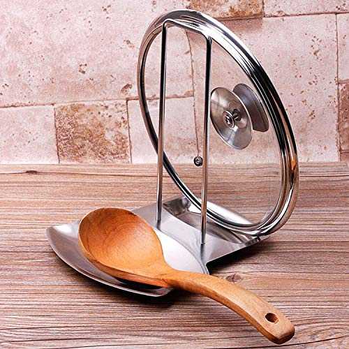 Lid and Spoon Rest Shelf,Pan Pot Cover Lid Rack Stand Organizer,304 Stainless Steel Pan Lid Organizer Storage Soup Spoon Rests Utensils Kitchen Decor Tool (Silver)