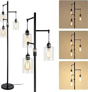 Rayofly Industrial Dimmable Floor Lamp for Living Room, 3-Lights Black Floor Lamps with Glass Lampshades & Dimmer, Vintage Standing Light, Metal, E27, Modern Tall Tree Lamps for Bedroom, Dining Room