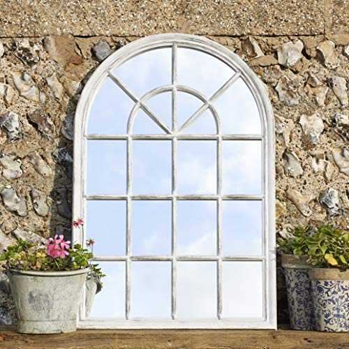 Creekwood Marseille Indoor/Outdoor Lightweight Arched Window Wall Mirror, White Brushed Grey, W65cm x H97cm x D3cm
