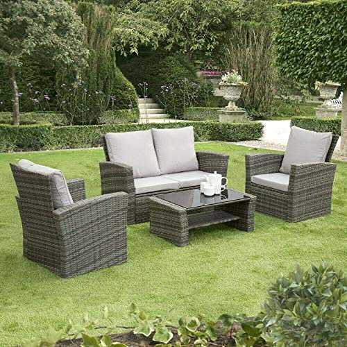 GSD Rattan Garden Furniture 4 Piece Patio Set Table Chairs - Grey, Black or Brown (Grey Rattan, Grey Cushions)