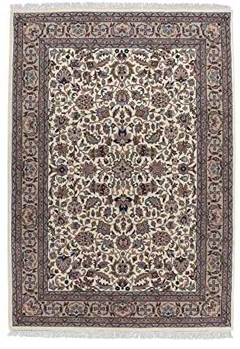 Classic Oriental Rug Benares made of Virgin Wool Persian Isfahan Pattern Hand-Knotted 40 x 60 cm Beige Approx. 310 000 pile threads THEKO the brand carpet., Cream/Brown, 90 x 160 cm