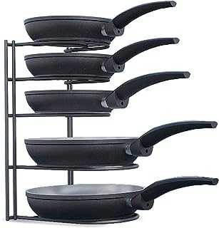 Pan Organizer Pot Rack Organizer Heavy Duty 5 Tier Rack Holds Cast Iron Skillets, Griddles and Shallow Pots Durable Steel Construction - Space Saving Kitchen Storage - No Assembly Required