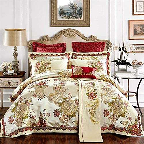 HJRBM Duvet Cover Sets Luxury Wedding Style Silk Satin Cotton Jacquard Bedding Sets 4/6/9pcs Sets Bedspread in Bag linens,1,Large Size 9pcs (2 Large size 6pcs)