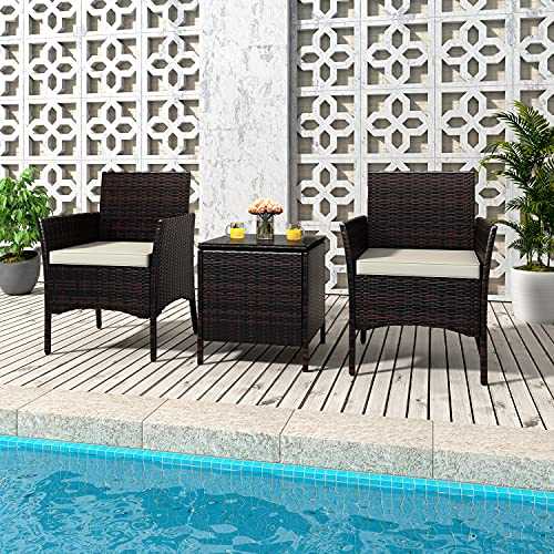 Joolihome Garden Furniture Set, Rattan Table and 2 Armchairs with Cushions, 3 Piece Indoor Outdoor PE Wicker Weave Set for Patio, Backyard, Balcony, Porch, Lawn, Poolside, Courtyard (Dark Brown)