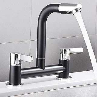 Kitchen Sink Taps 2 Hole 1/4 Turn Dual Lever Deck Mounted Hot & Cold Mixer Faucet Swivel Spout Black Taps (Black)