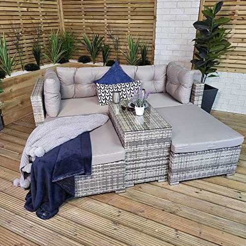 Samuel ALEXANDER Luxury Wicker Sturdy Rattan Garden Furniture Set Grey Sofa Cube Sun Lounger Set With Glass Topped Coffee Table Includes Cushions