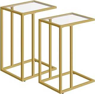 HOOBRO Side Table C Shaped, Set of 2, Gold Side Table, Tempered Glass Sofa Side Table, Under Sofa Table, Small Coffee Table with Metal Frame, Small Bedside Table for Living Room, Gold EGD03SFP201