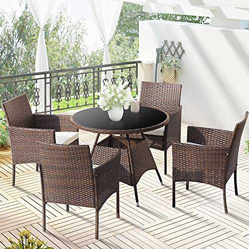 MOWIN 5 Piece Garden Rattan Furniture Set 4 Seater Outdoor Dining Set Patio Conservatory All Weather Rattan Wicker Weave Steel Frame Glass Topped Dining Table with 4 Chairs,Brown,Cushions Included