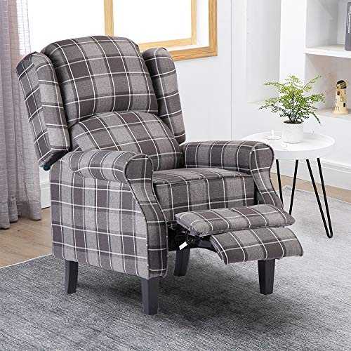 Pushback Recliner Chair for Elderly People, Overstuffed Lounge Couch Single Sofa with Checker Fabric Cover, Accent Upholstered Reclining Armchair for Living Room Recreation Room, Warm Grey