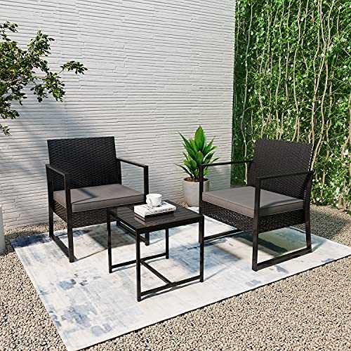 Rattan Garden Furniture 2 Seater, Outdoor Black Coffee Table and 2 chairs with Cushions, 3 Pcs PE Wicker Weave Patio Conversation Set for Backyard, Balcony, Porch, Lawn, Poolside, Bistro, Courtyard