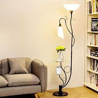 LOFAMI Modern Floor Lamp,with Glass Shelves, 2 Light White Acrylic Lampshade, Uplighter Light Lamp Stands Lamp for Living Room, H164cm (Color : Black)