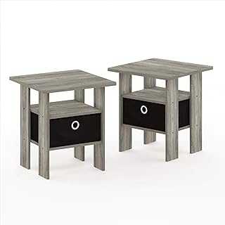 Furinno Andrey End Table, Side Table, Nightstand with Bin Drawer, French Oak/Black, 2-Pack