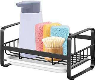 Kitchen Sink Caddy Sponge Holder - JiangWaveT Sink Sponge Holder for Sink, Caddy Organizer,Sink Tray Drainer Rack, Soap Dish Dispenser Brush Holder Storage Kitchen Accessories,Black