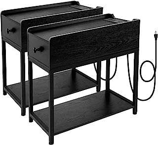 AMHANCIBLE End Tables Living Room Set of 2 with Charging Station, Black Nightstands with Charging Station, Side Tables with 2 USB Ports and 2 Power Outlets, Storage Drawer, for Couch, Sofa, Bedroom