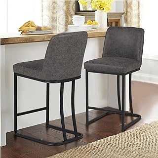 MAISON ARTS Counter Height 24" Bar Stools Set of 2 with Back for Kitchen Counter Modern Upholstered Barstools Faux Leather Farmhouse Bar Chairs Island Stools Support 330LBS, 24 Inch, Grey+Black Frame